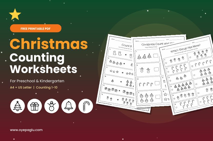 Free printable Christmas counting worksheets for preschool and kindergarten