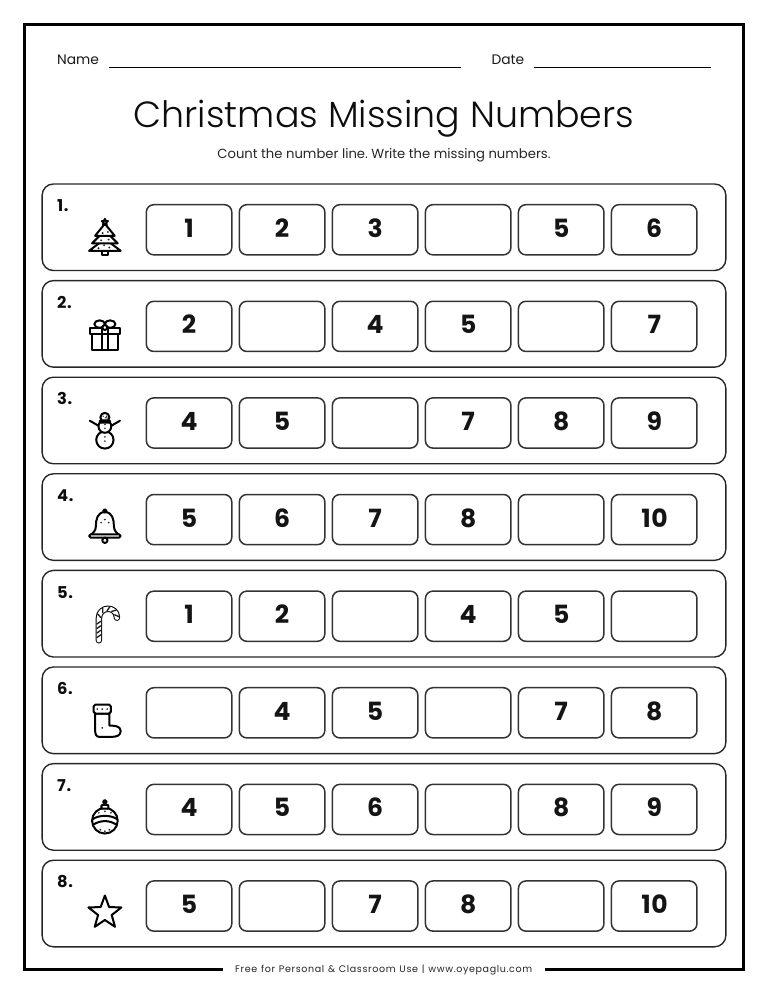 Christmas missing numbers worksheet filling gaps from 1 to 10