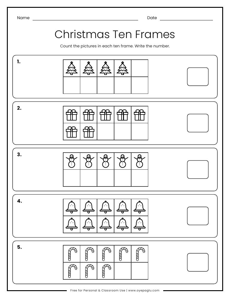 Christmas ten frame worksheet with pictures to count and write