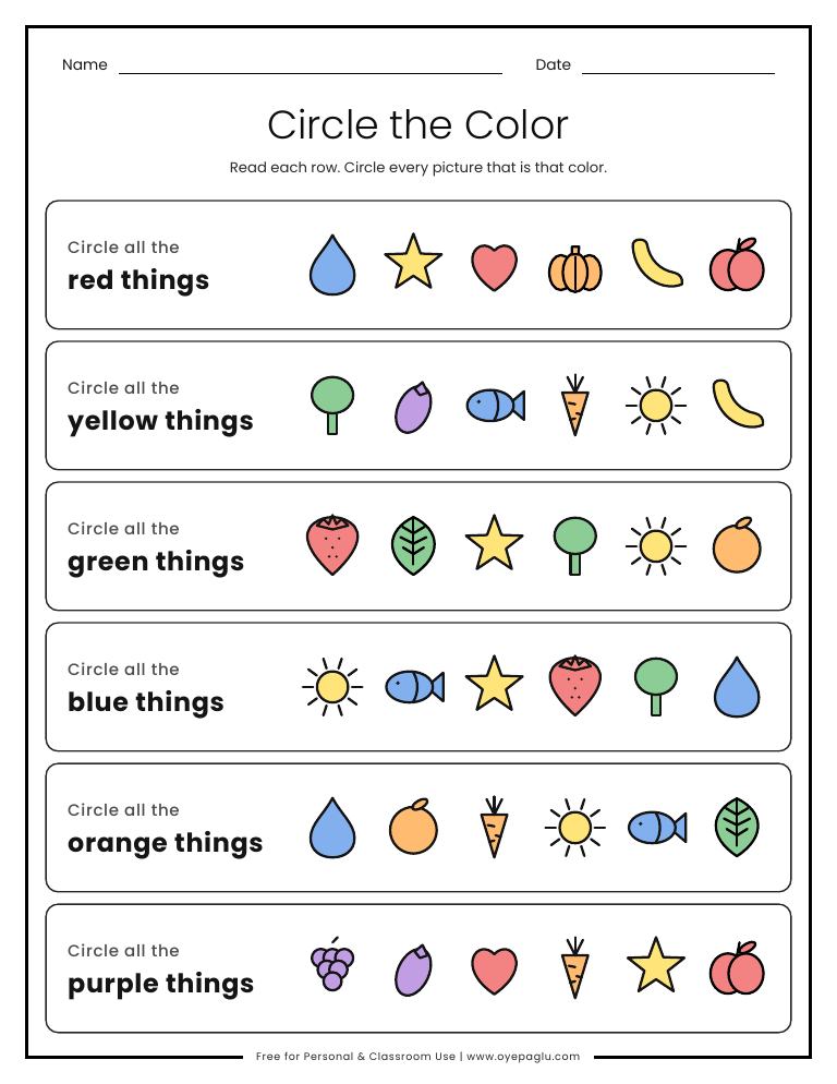 Circle the color worksheet with rows of pictures to circle by color