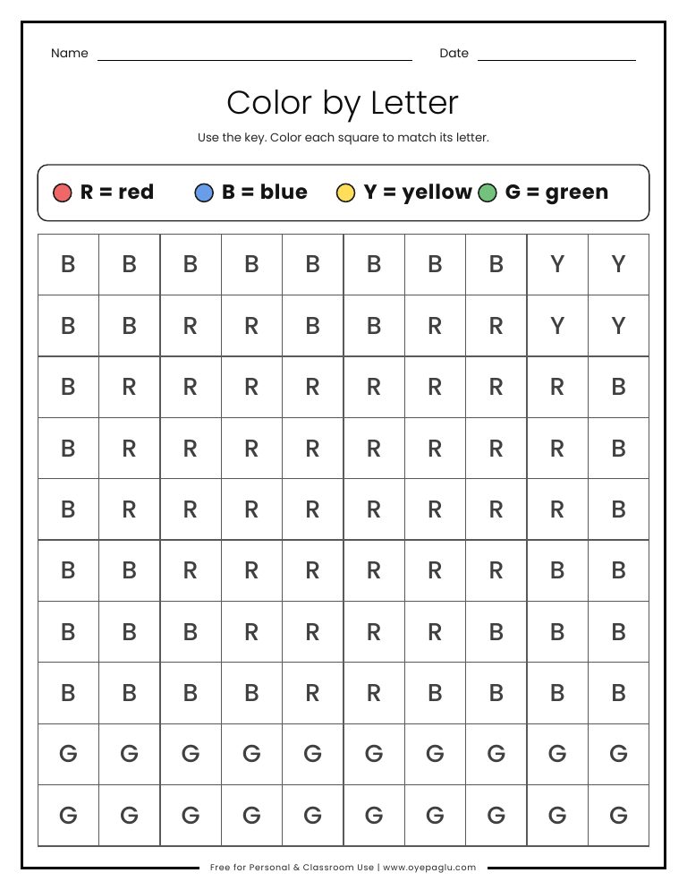 Color by letter worksheet with a key where R is red B is blue Y is yellow and G is green