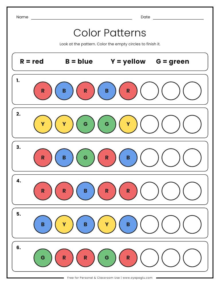 Color patterns worksheet with letter coded circles to color and finish