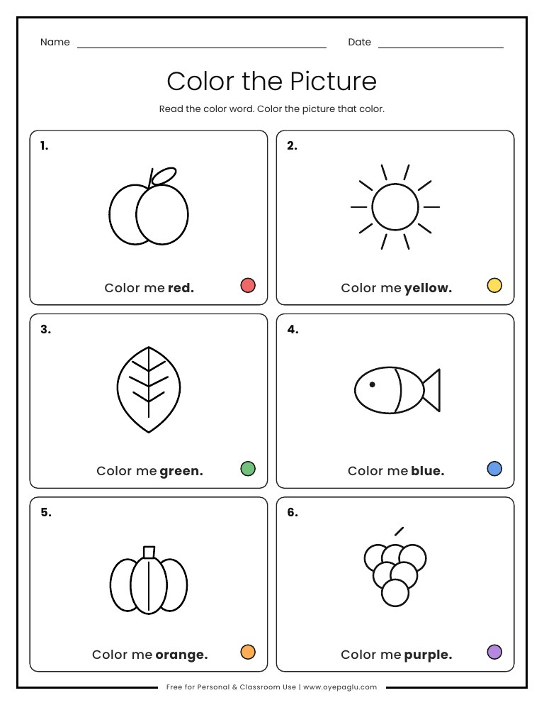 Color the picture worksheet with an apple sun leaf fish pumpkin and grapes and the color word for each