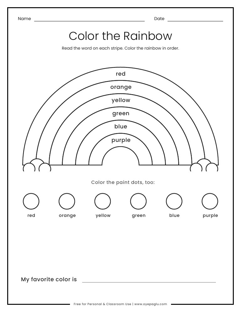 Color the rainbow worksheet with color words written on each stripe