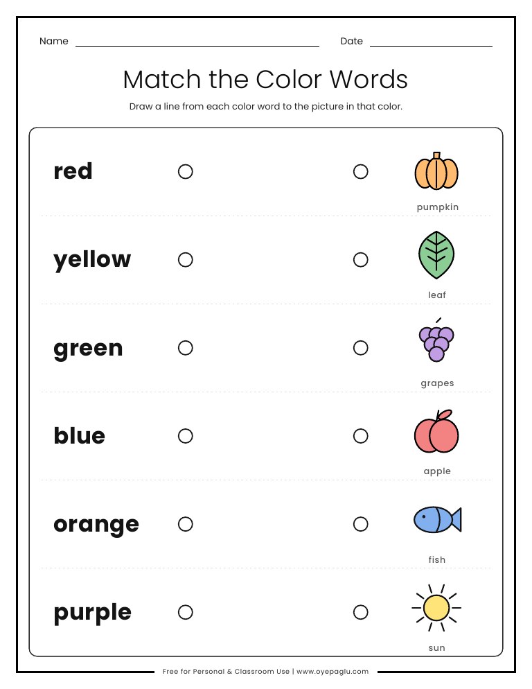 Match the color words worksheet linking red yellow green blue orange purple to pictures