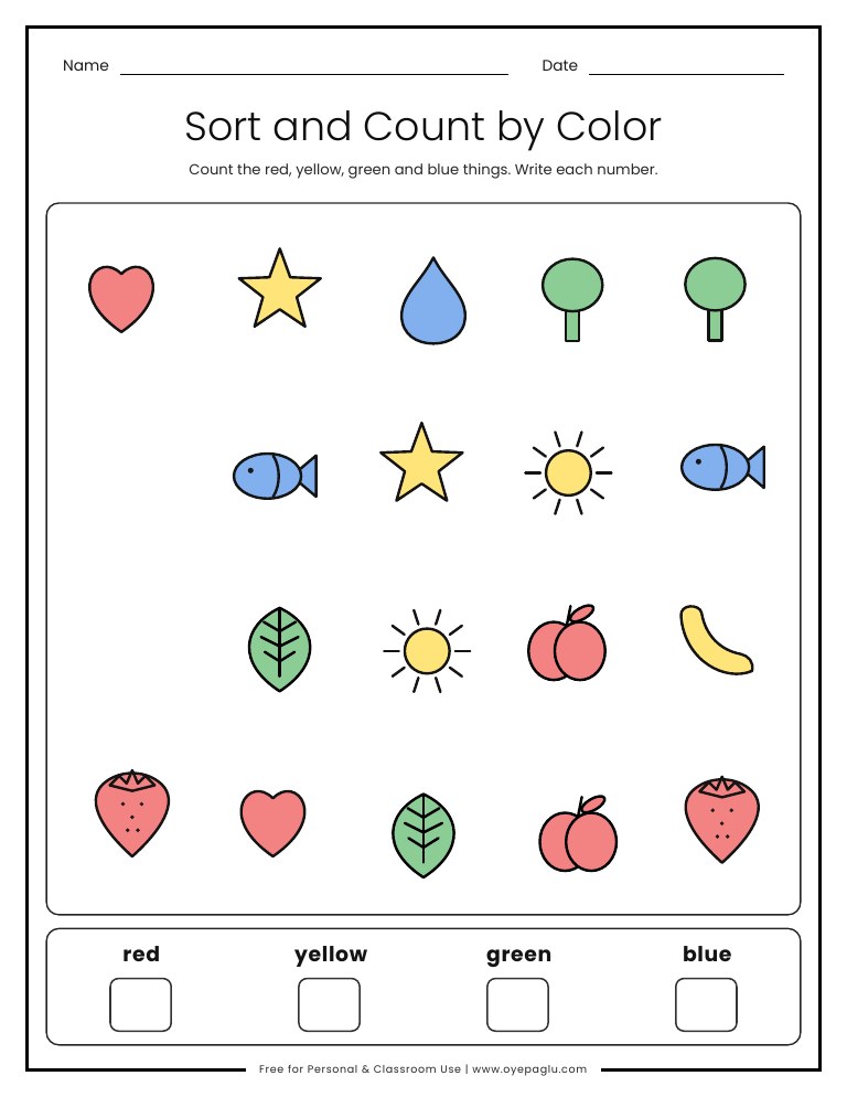 Sort and count by color worksheet counting red yellow green and blue pictures
