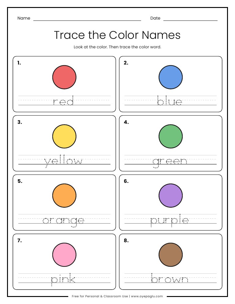 Trace the color names worksheet with red blue yellow green orange purple pink brown
