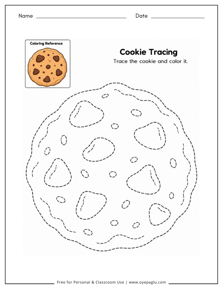 Cookie tracing worksheet with chocolate chips for preschool and kindergarten