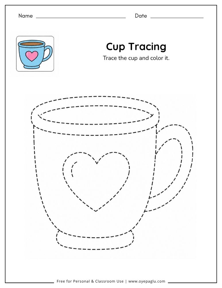 Cup tracing worksheet with handle and heart detail for preschool and kindergarten