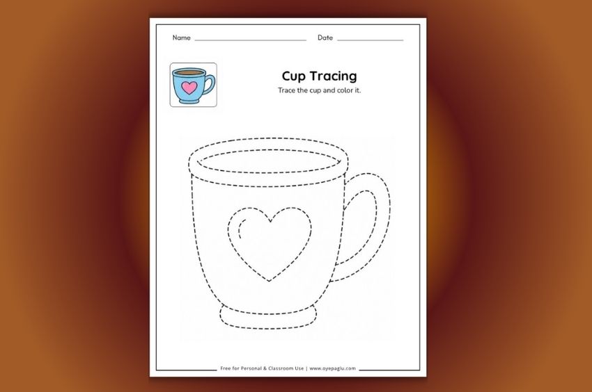 Free cup tracing worksheet for preschool and kindergarten