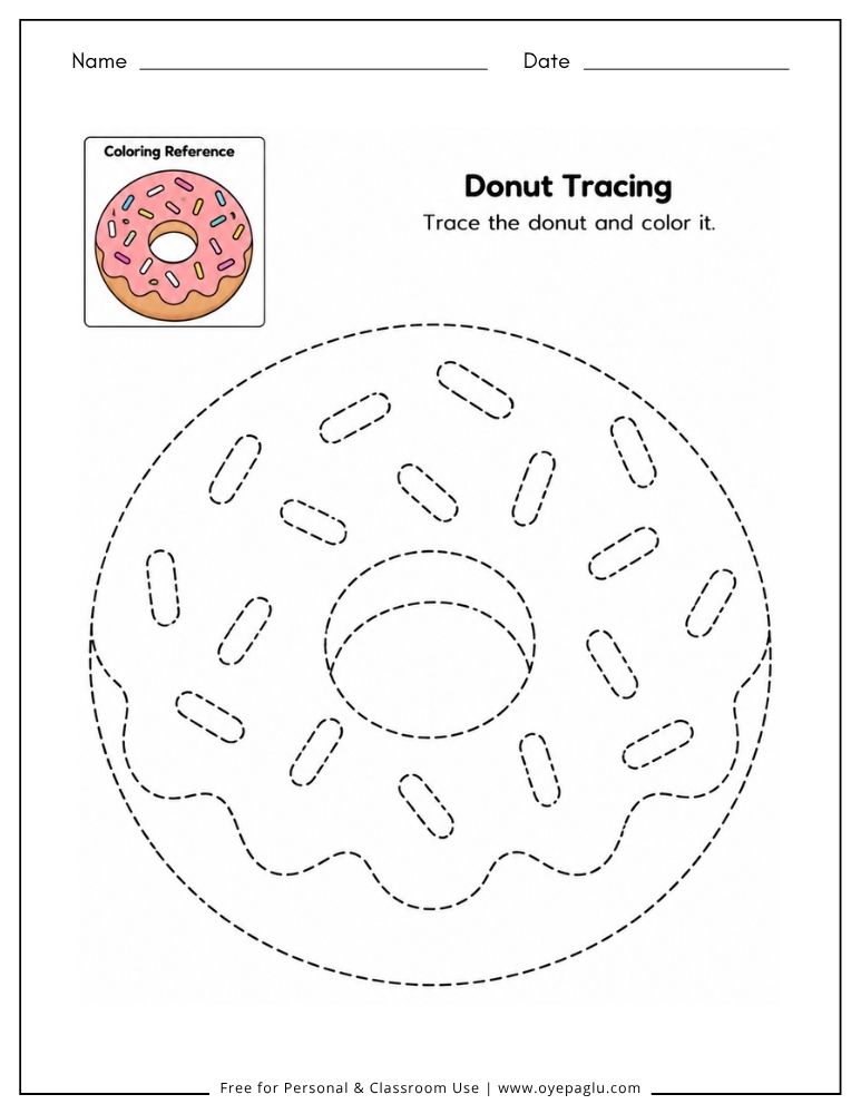 Donut tracing worksheet with icing and sprinkles for preschool and kindergarten