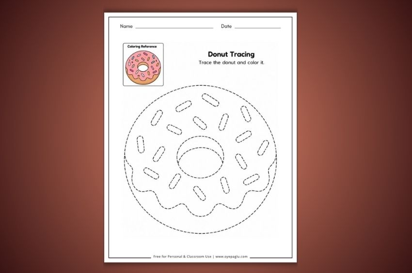 Free donut tracing worksheet for preschool and kindergarten