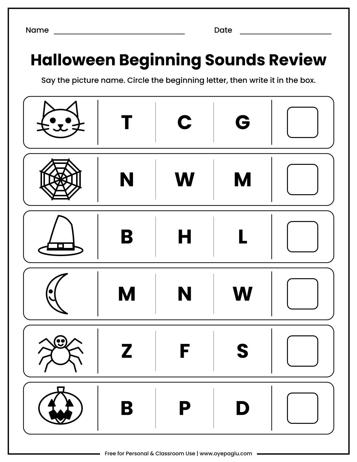 Halloween beginning sounds review worksheet with cat, web, hat, moon, spider and pumpkin pictures where kids circle the first letter and write it