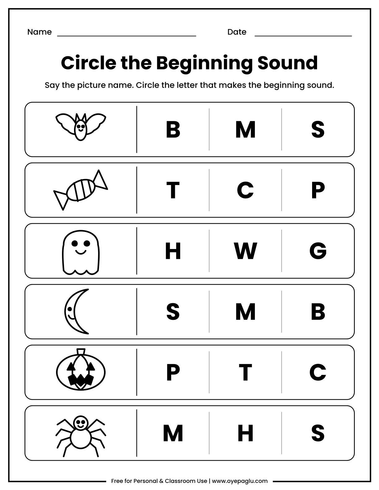 Halloween beginning sounds worksheet for preschool and kindergarten where kids circle the first letter of bat, candy, ghost, moon, pumpkin and spider