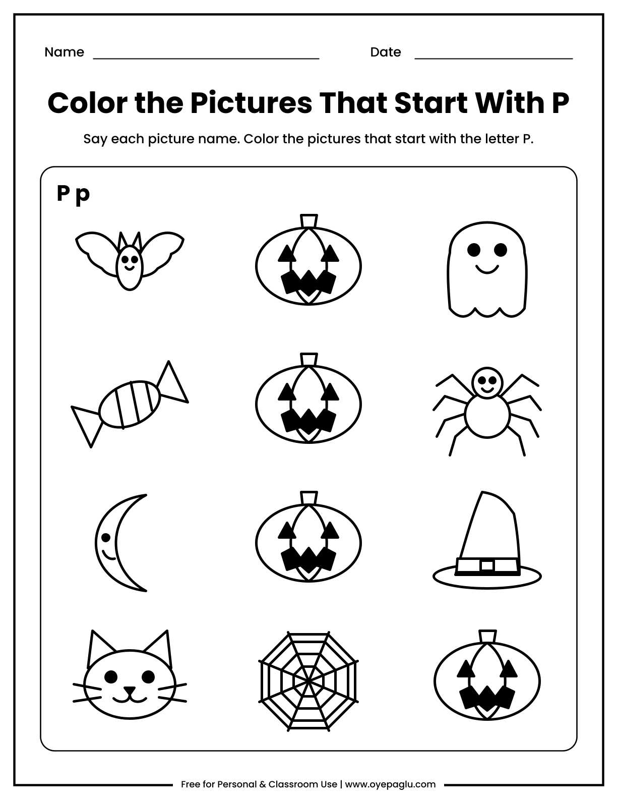 Halloween letter P worksheet where children color the pumpkin pictures that start with P among bat, ghost, candy, moon, spider, hat, cat and web