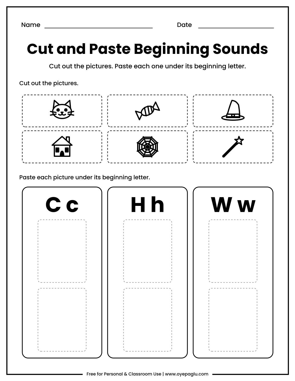 Halloween cut and paste beginning sounds worksheet with cat, candy, hat, house, web and wand pictures to paste under letters C, H and W
