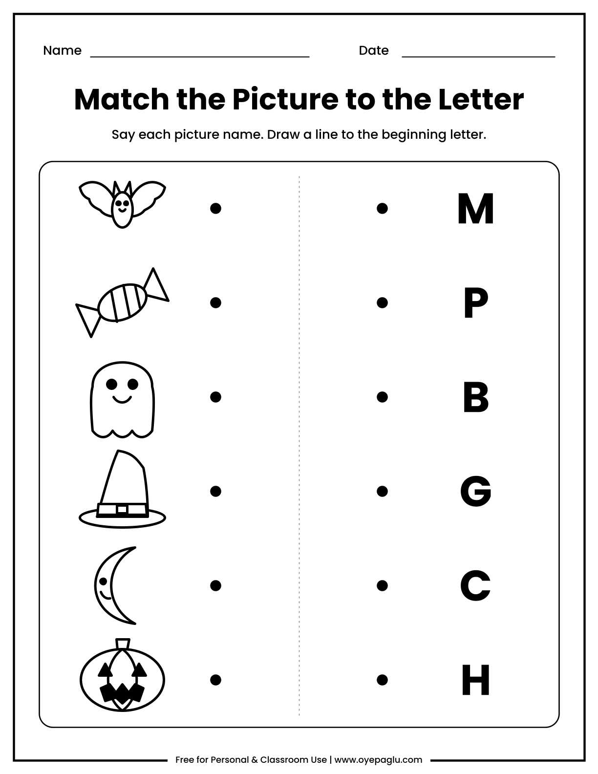Halloween match the picture to the letter worksheet with bat, candy, ghost, hat, moon and pumpkin pictures and beginning letters to connect