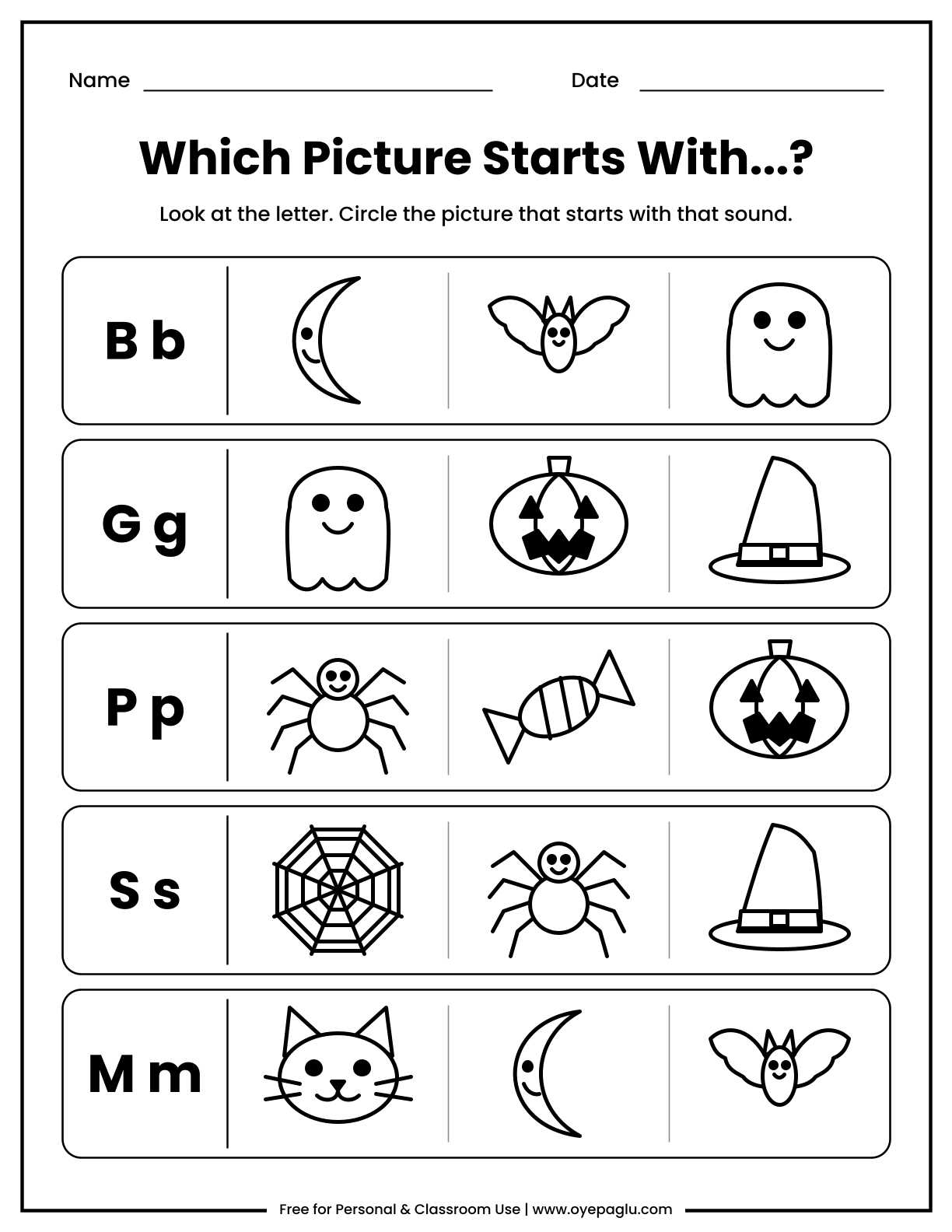 Halloween which picture starts with worksheet where kids look at letters B, G, P, S and M and circle the picture with that beginning sound