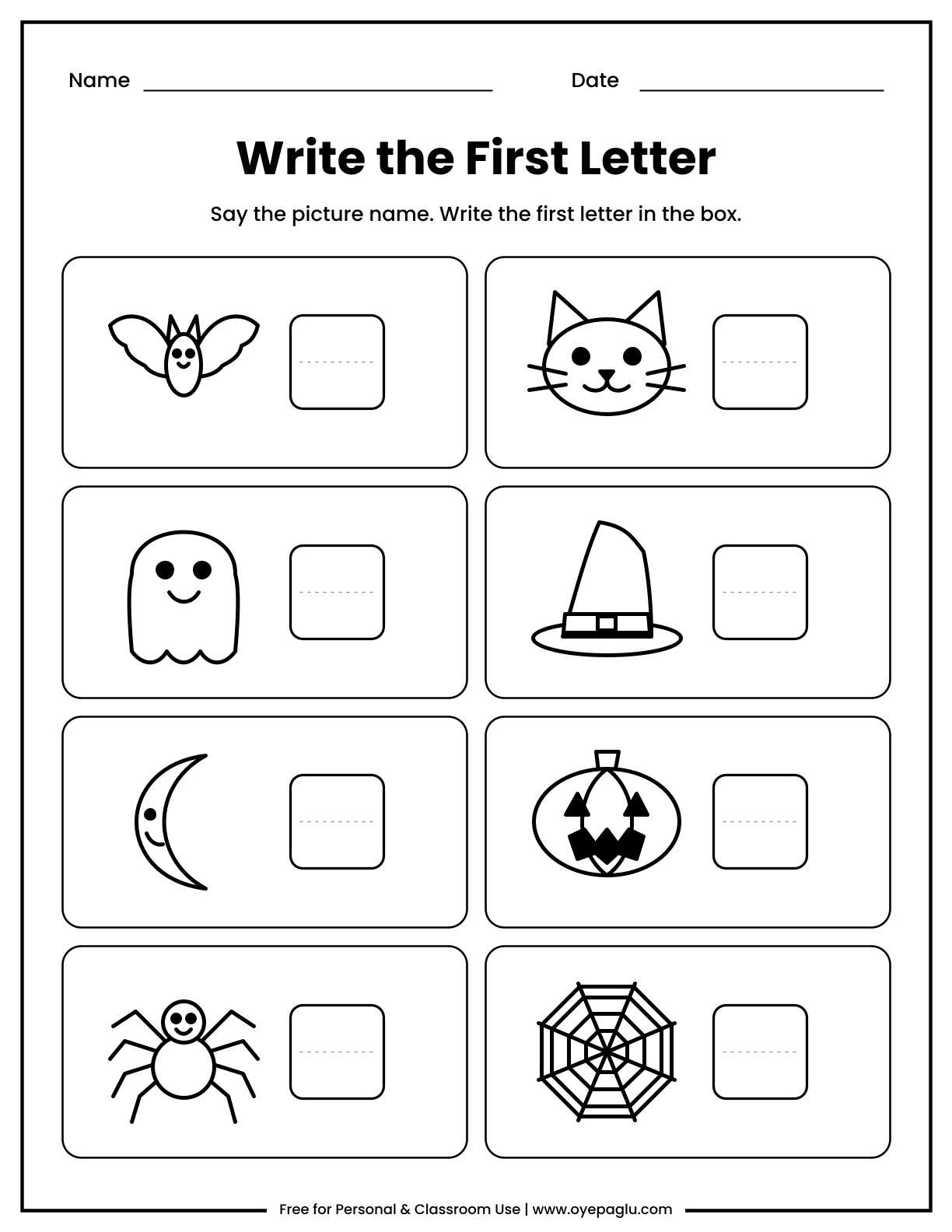 Halloween write the first letter worksheet with bat, cat, ghost, hat, moon, pumpkin, spider and web pictures and a box to write the beginning letter