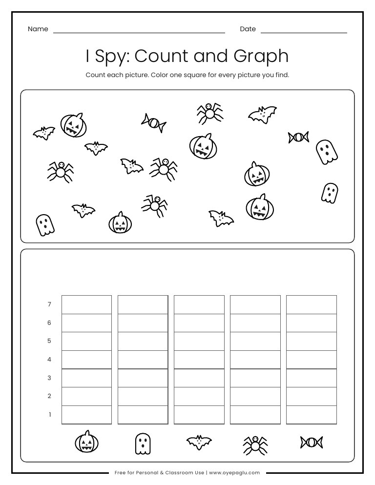 Halloween I Spy count and graph worksheet with scattered pictures to count and an empty bar graph to color in