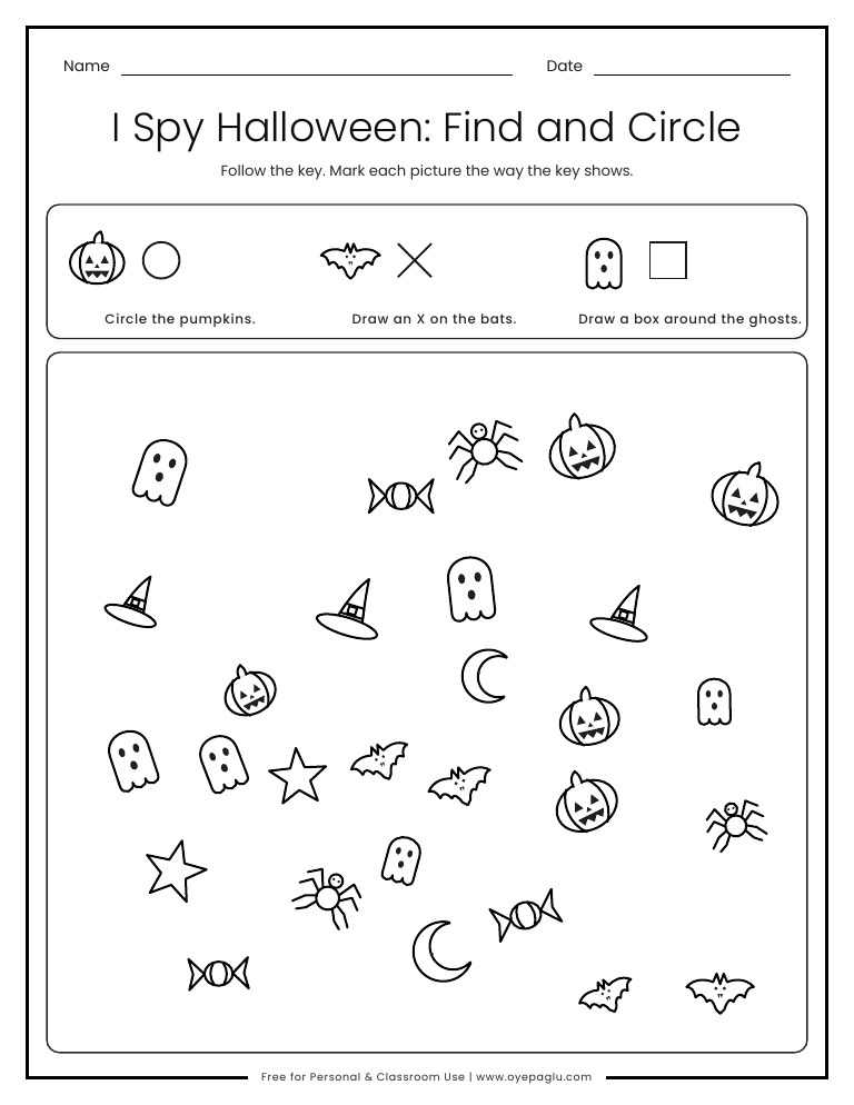 Halloween I Spy find and circle worksheet with a key to circle pumpkins, draw an X on bats and draw a box around ghosts