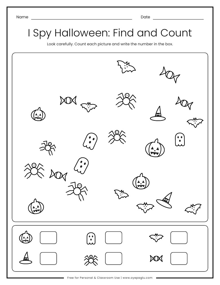 Halloween I Spy find and count worksheet with scattered pumpkins, ghosts, bats, witch hats, spiders and candy and a box to write each number