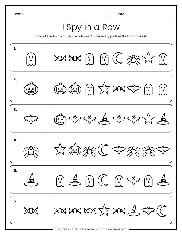 Halloween I Spy in a row worksheet where kids circle every picture that matches the first picture in each row