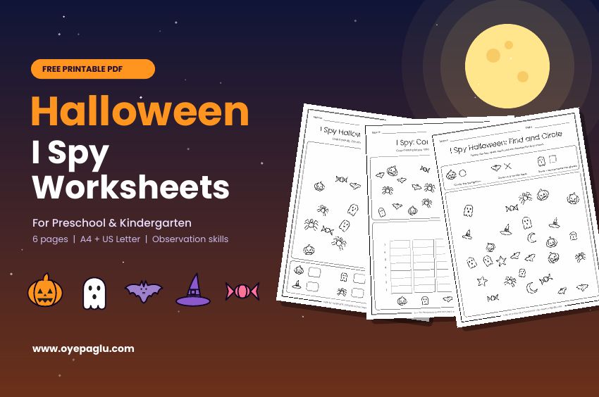 Free Halloween I Spy worksheets for preschool and kindergarten shown as printed pages with pumpkin, ghost and bat icons