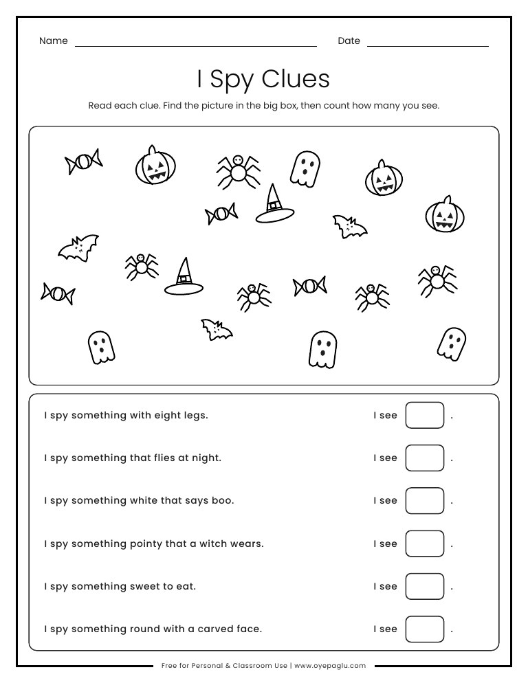 Halloween I Spy clues worksheet with a big picture box and six clues like something with eight legs and a box to write how many