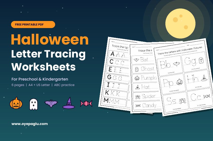 Free Halloween letter tracing worksheets for preschool and kindergarten shown as printed pages with pumpkin, ghost and bat icons