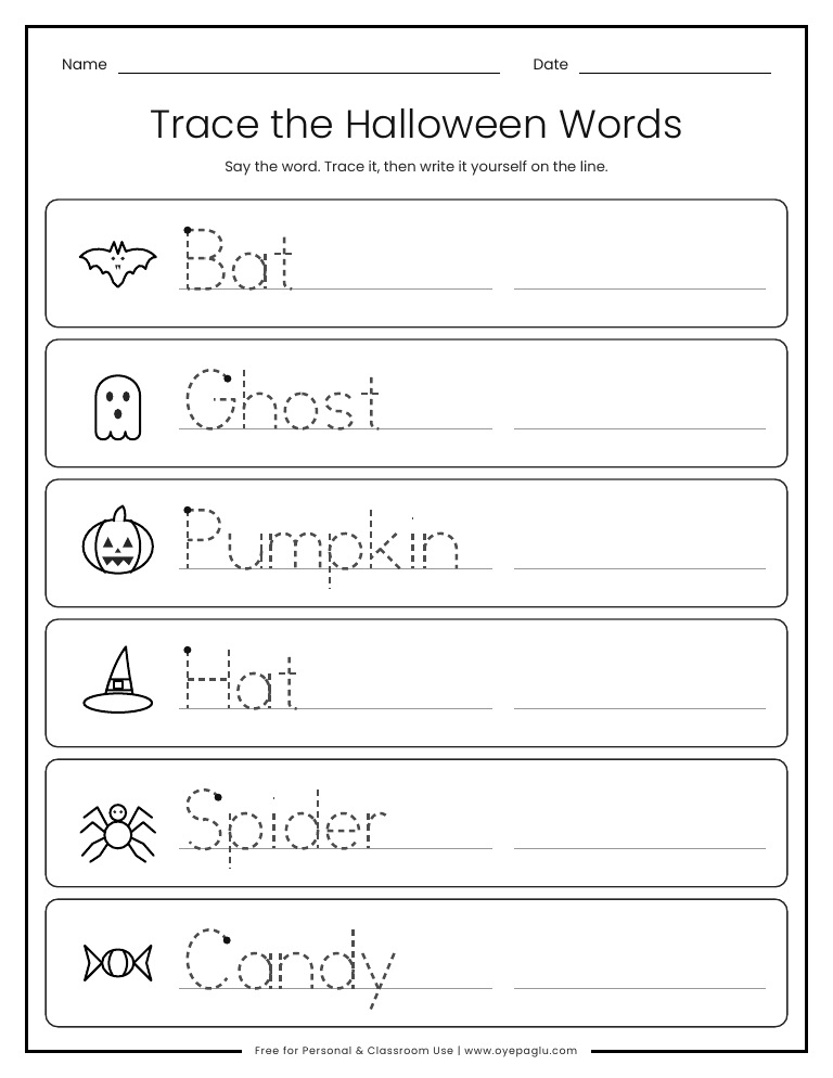 Halloween word tracing worksheet with the words Bat, Ghost, Pumpkin, Hat, Spider and Candy beside small pictures