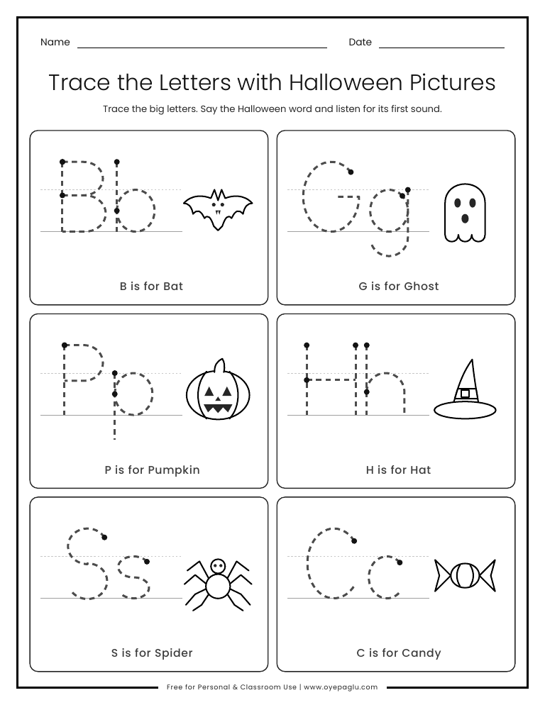 Halloween alphabet worksheet with big dashed letters Bb Gg Pp Hh Ss Cc next to a bat, ghost, pumpkin, witch hat, spider and candy