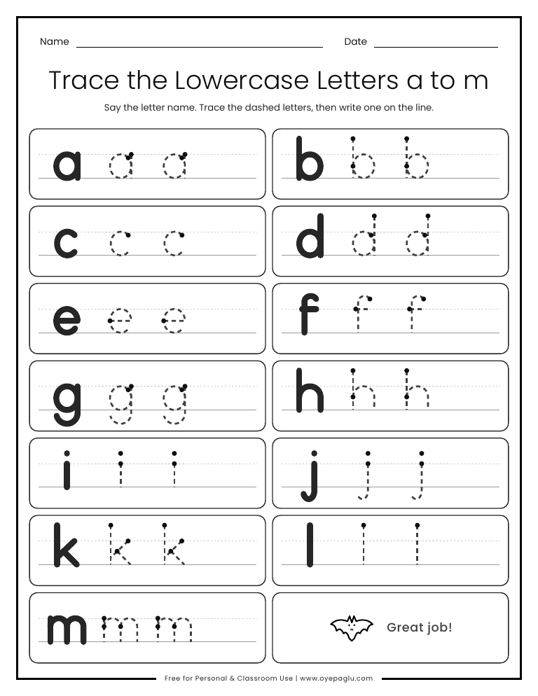 Halloween lowercase letter tracing worksheet with letters a to m to trace and a bat at the end