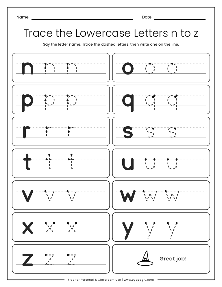 Halloween lowercase letter tracing worksheet with letters n to z to trace and a witch hat at the end