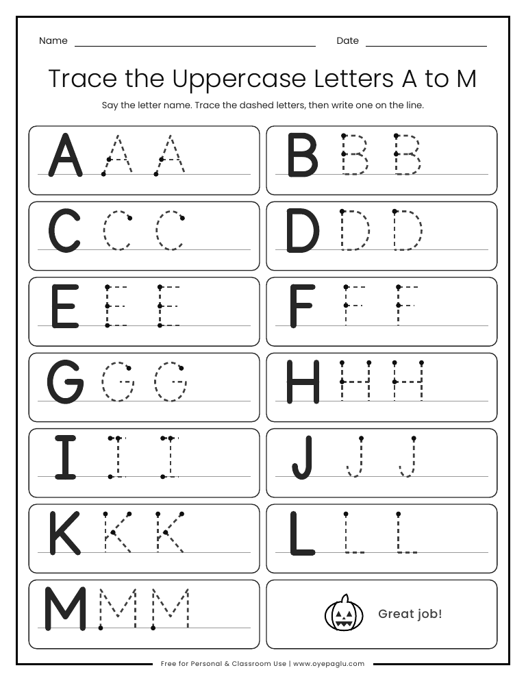 Halloween uppercase letter tracing worksheet with letters A to M, each shown once and then as dashed letters to trace