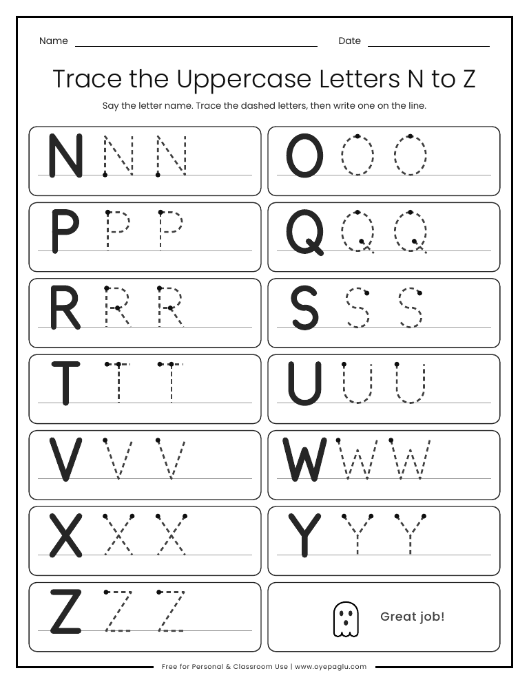Halloween uppercase letter tracing worksheet with letters N to Z as single dashed lines with start dots and a ghost at the end
