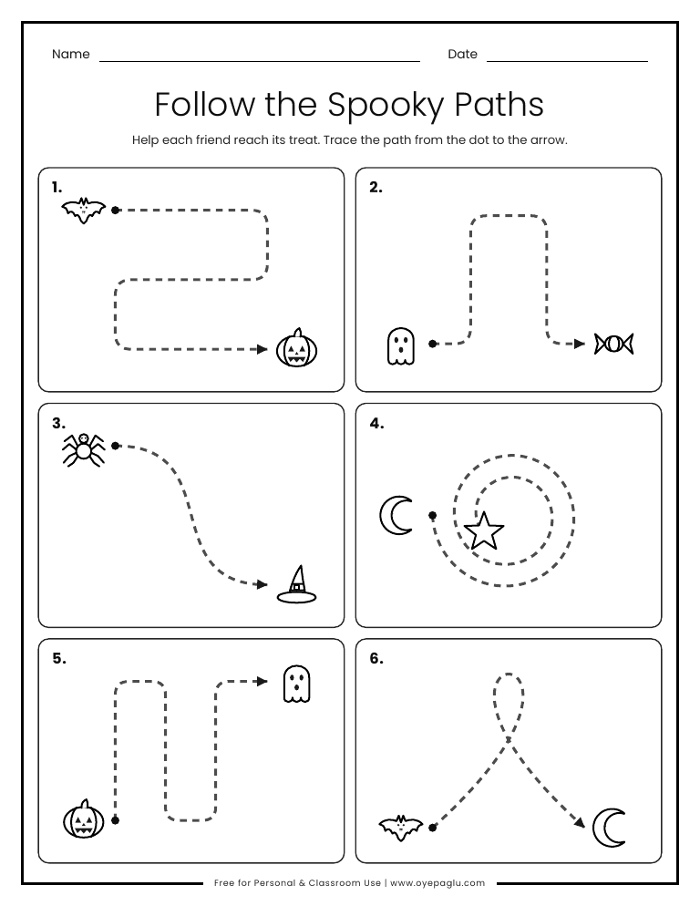 Halloween path tracing worksheet where kids trace a dashed path from a ghost or bat to a pumpkin or candy