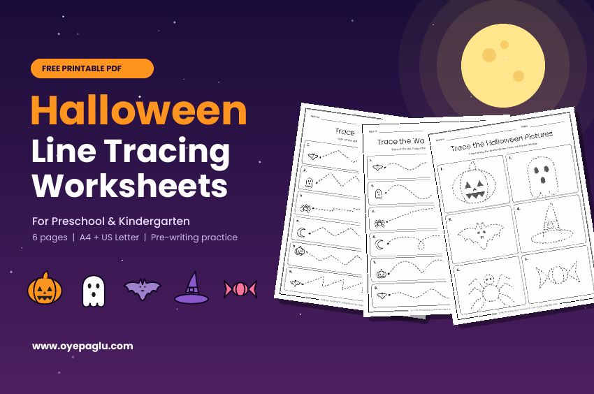 Free Halloween line tracing worksheets for preschool and kindergarten shown as printed pages with pumpkin, ghost and bat icons