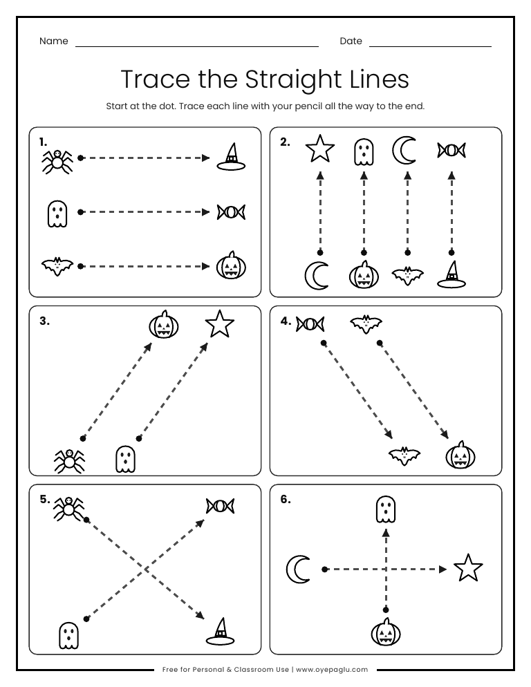 Halloween straight line tracing worksheet with horizontal, vertical and diagonal dashed lines between bats, ghosts and pumpkins