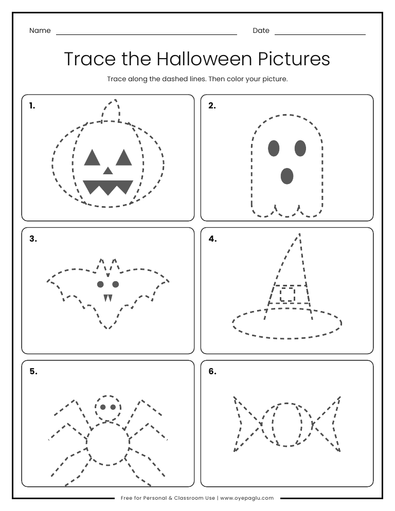 Halloween picture tracing worksheet with dashed outlines of a pumpkin, ghost, bat, witch hat, spider and candy