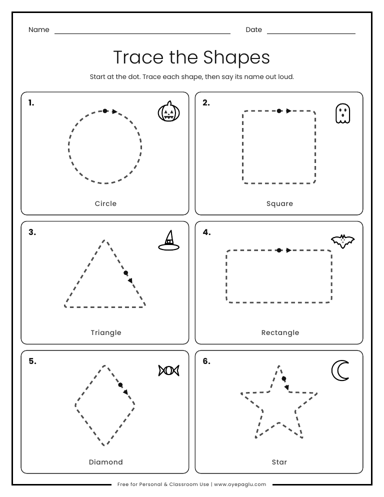 Halloween shape tracing worksheet with dashed circle, square, triangle, rectangle, diamond and star