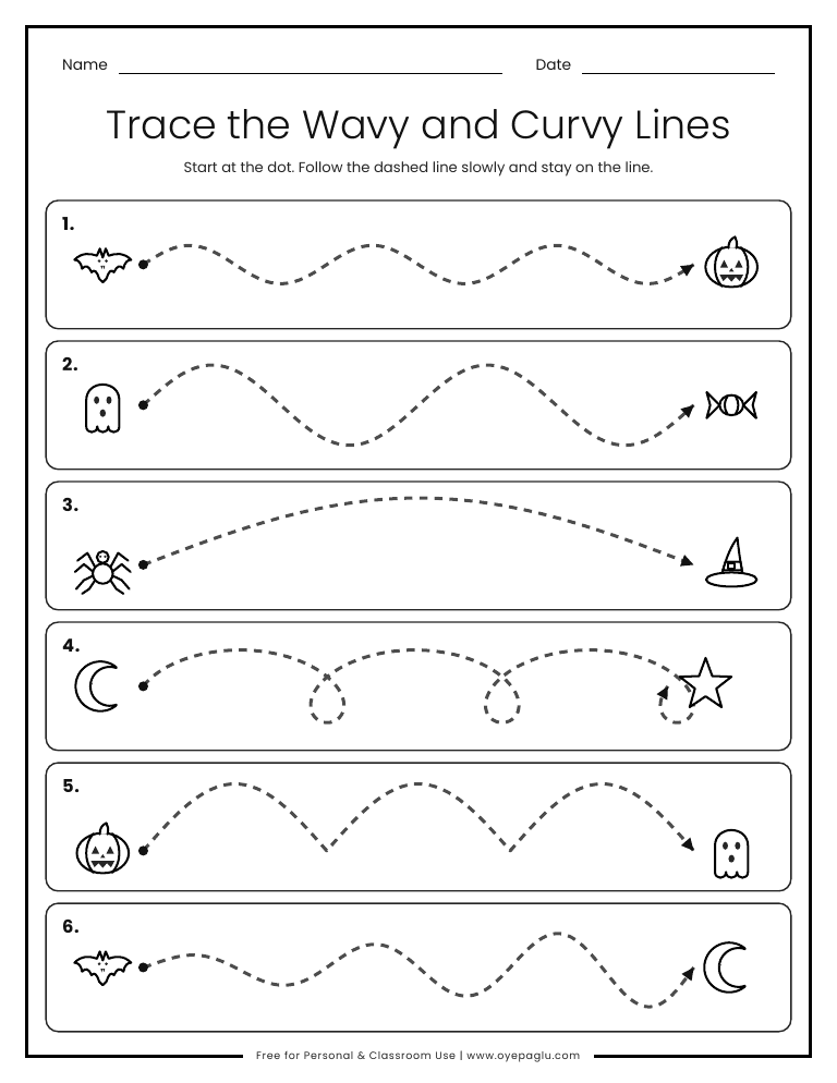Halloween wavy and curvy line tracing worksheet for preschool with waves, arches and loops that end at a pumpkin or ghost