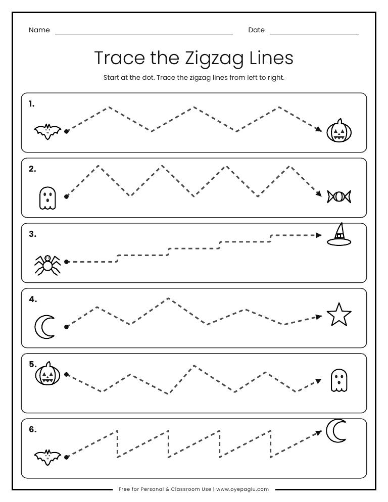 Halloween zigzag line tracing worksheet with sharp zigzags, steps and mountain lines for kindergarten pencil control