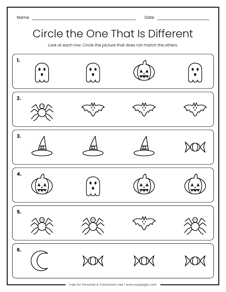 Halloween odd one out worksheet with six rows of four pictures where one ghost, bat, hat or pumpkin is different