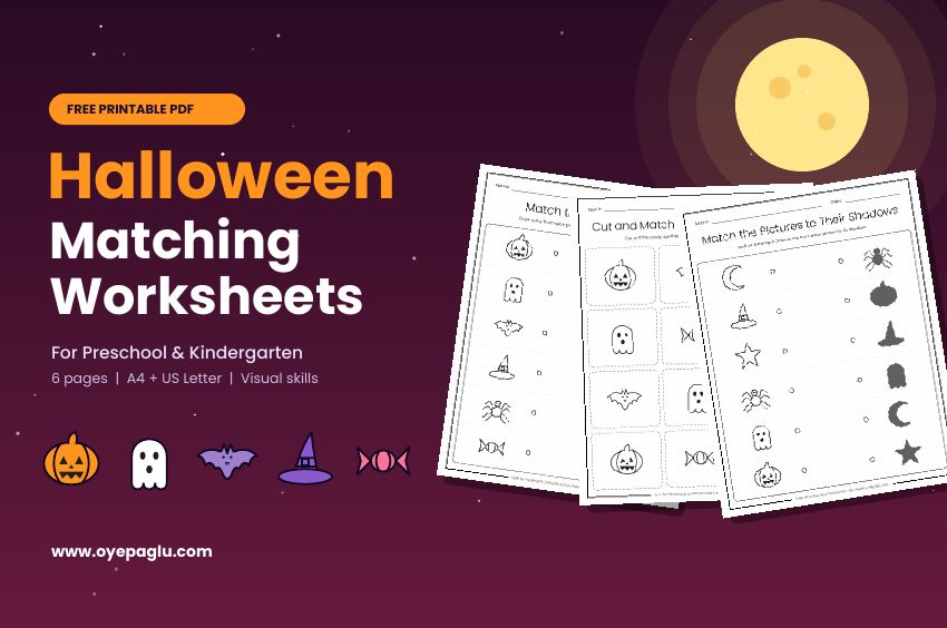 Free Halloween matching worksheets for preschool and kindergarten shown as printed pages with pumpkin, ghost and bat icons