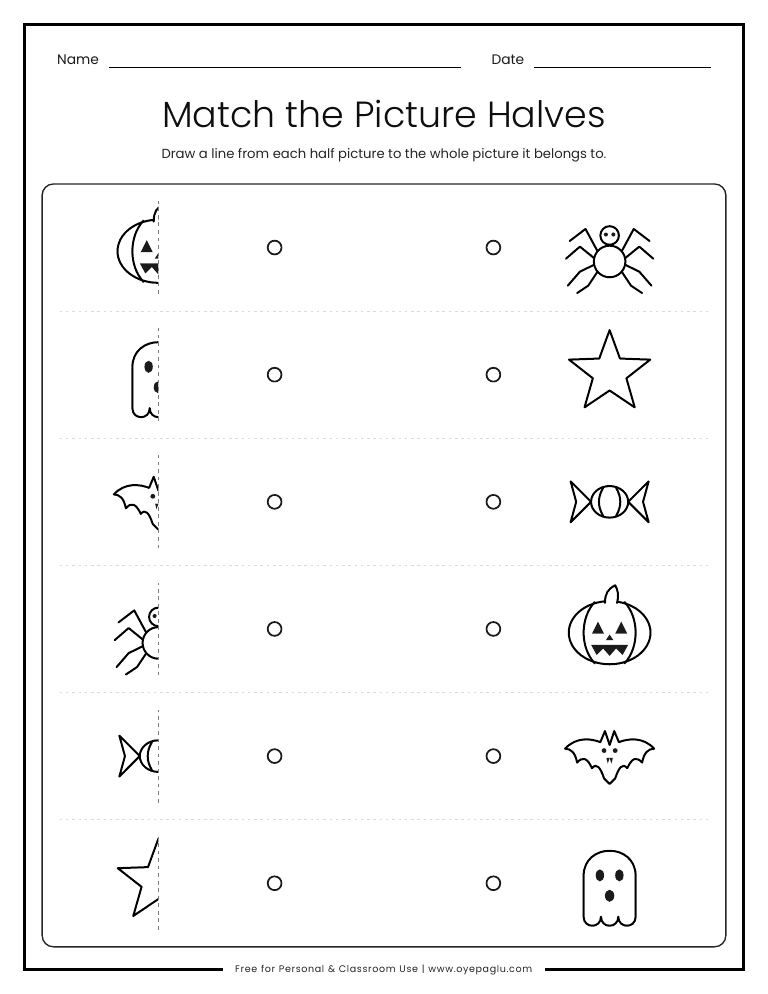 Halloween picture halves matching worksheet where kids connect half a pumpkin, ghost, bat, spider, candy and star to the whole picture