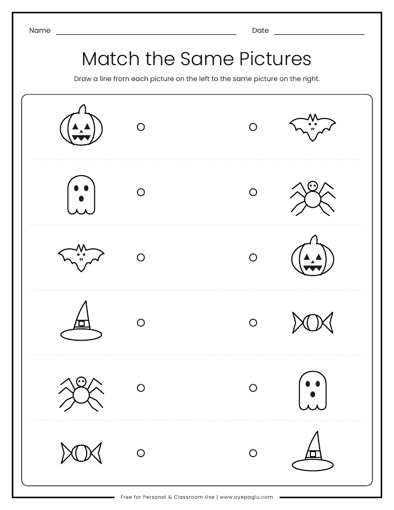 Halloween matching worksheet with pumpkin, ghost, bat, witch hat, spider and candy pictures to connect with lines to the same picture