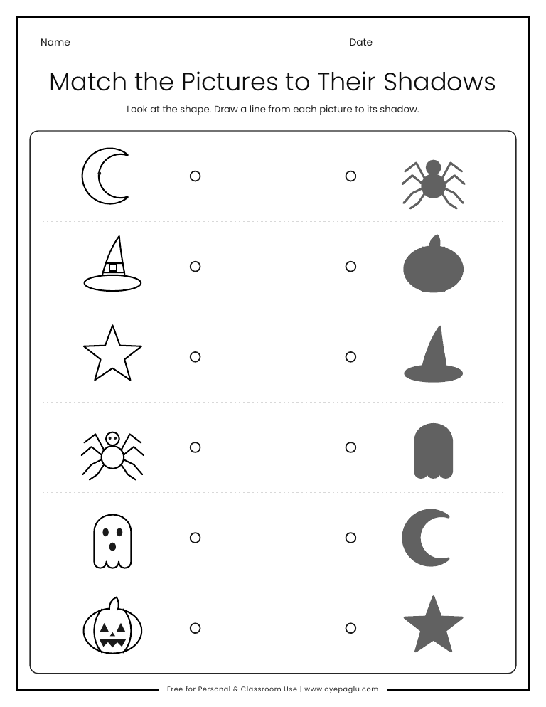 Halloween shadow matching worksheet where kids draw a line from a moon, hat, star, spider, ghost and pumpkin to its gray shadow