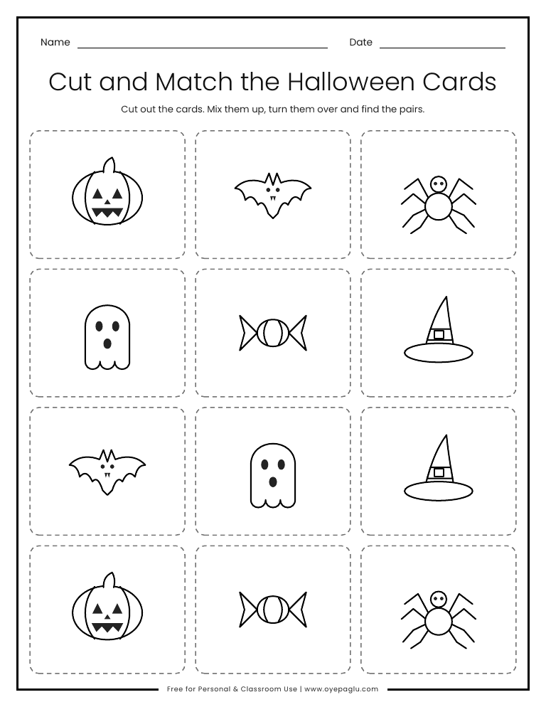 Halloween memory match cards printable with twelve dashed cut-out cards showing six pairs of pumpkin, bat, spider, ghost, candy and witch hat