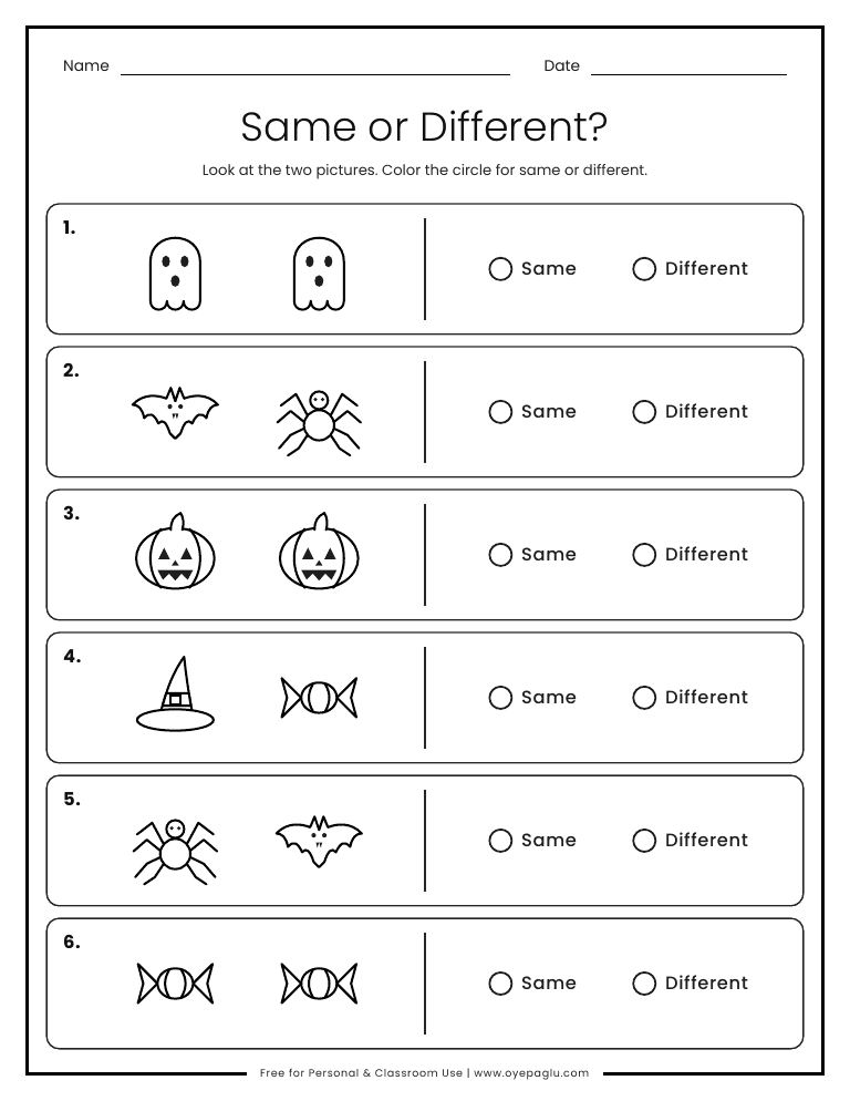 Halloween same or different worksheet with pairs of Halloween pictures and circles to color for same or different